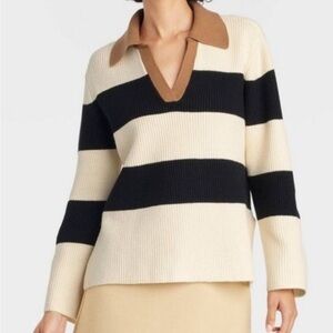 A New Fay Black and Cream V-Neck Sweater
